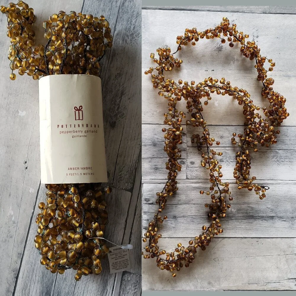 (Set of 2) Pottery Barn Amber PEPPERBERRY GARLAND 5’ Pepper Berry Glass